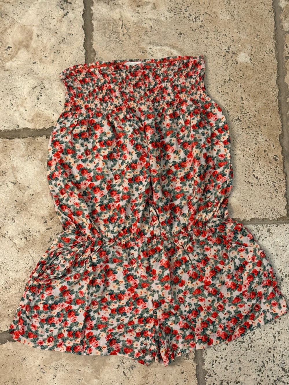 Floral Red Rose Smocked Strapless Dress